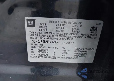 2015 Chevrolet Trax Lt from USA, damaged, VIN 3GNCJRSB5FL207984